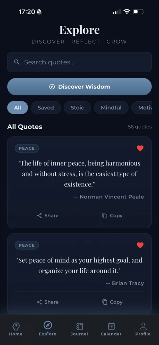Explore screen with searchable quotes by category, including Stoic and Mindful