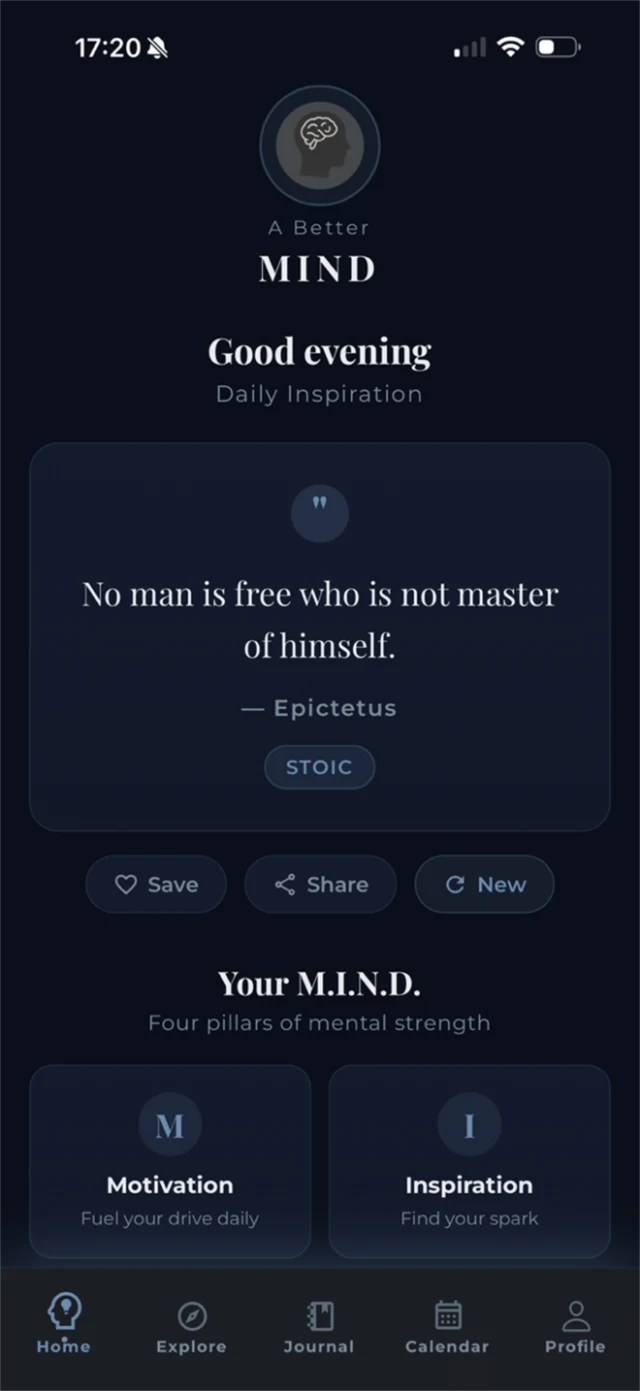 A Better MIND home screen showing the daily inspiration quote and the four M.I.N.D. pillars