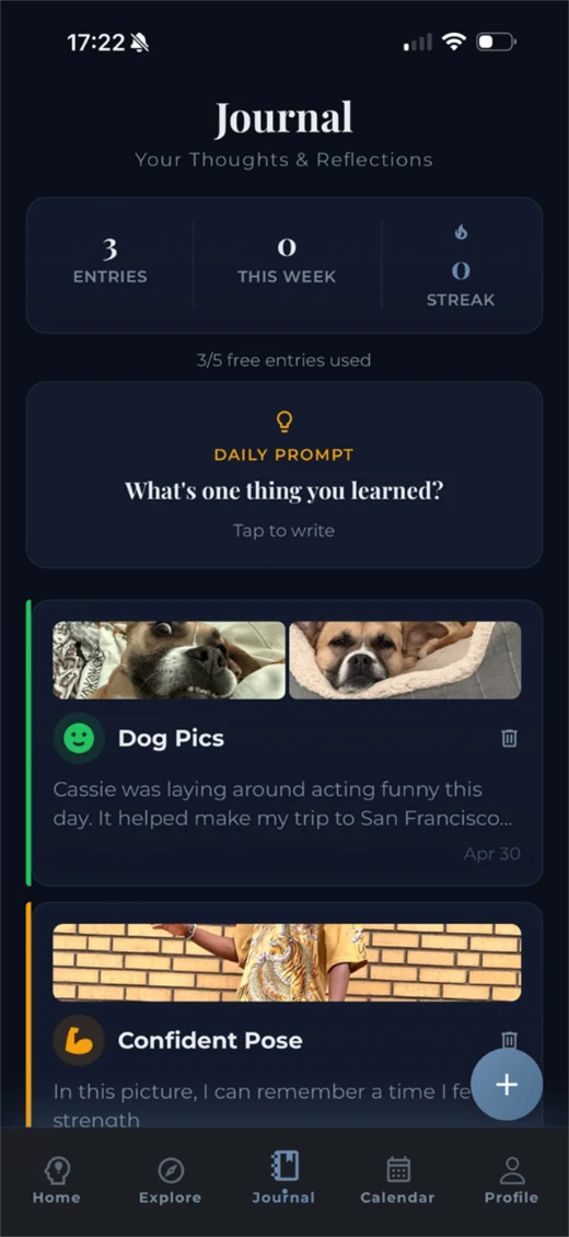 Journal screen with daily prompt, mood-tagged entries with photos, and streak stats