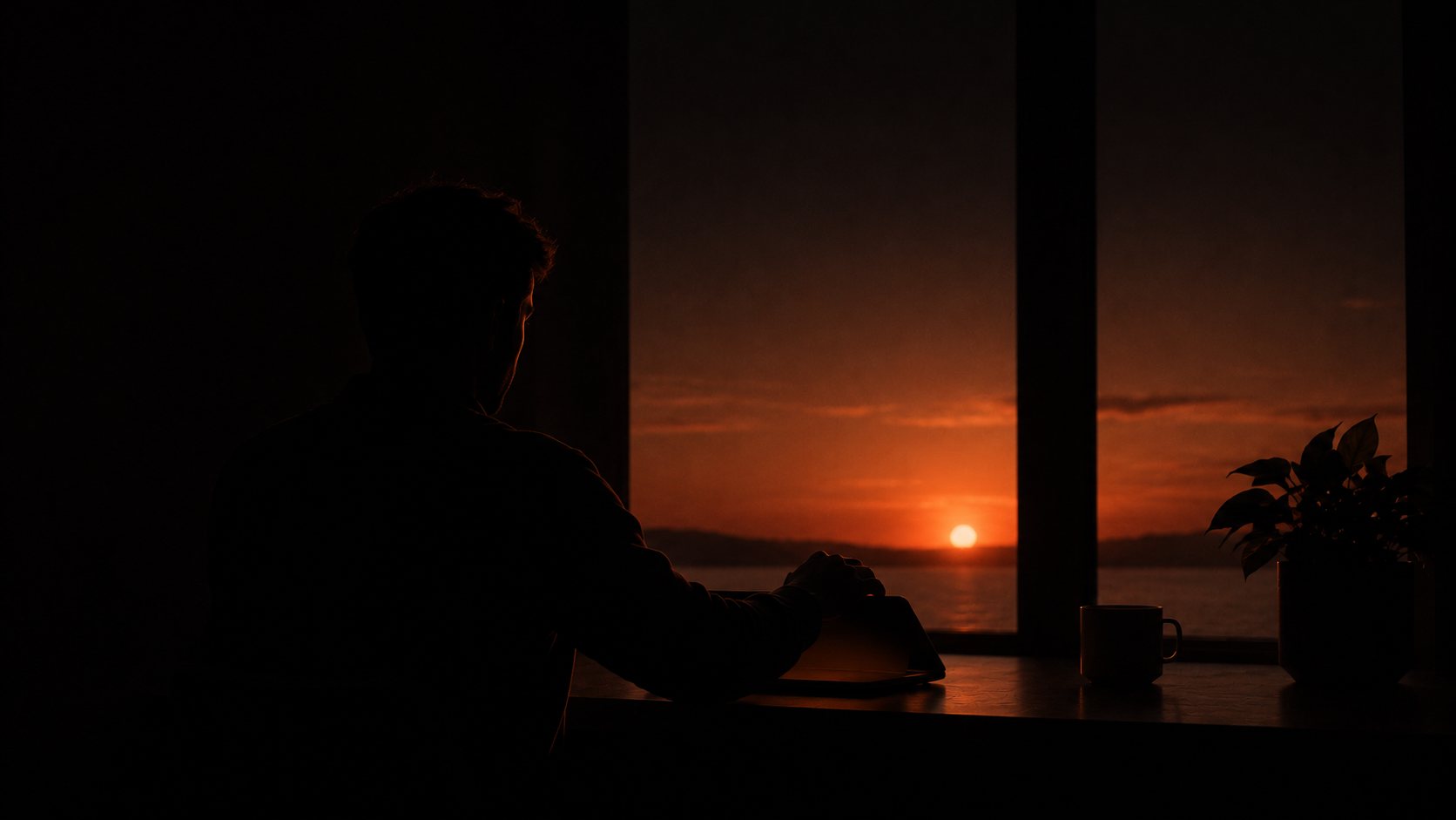 Silhouette of a person closing a laptop in front of a sunset window