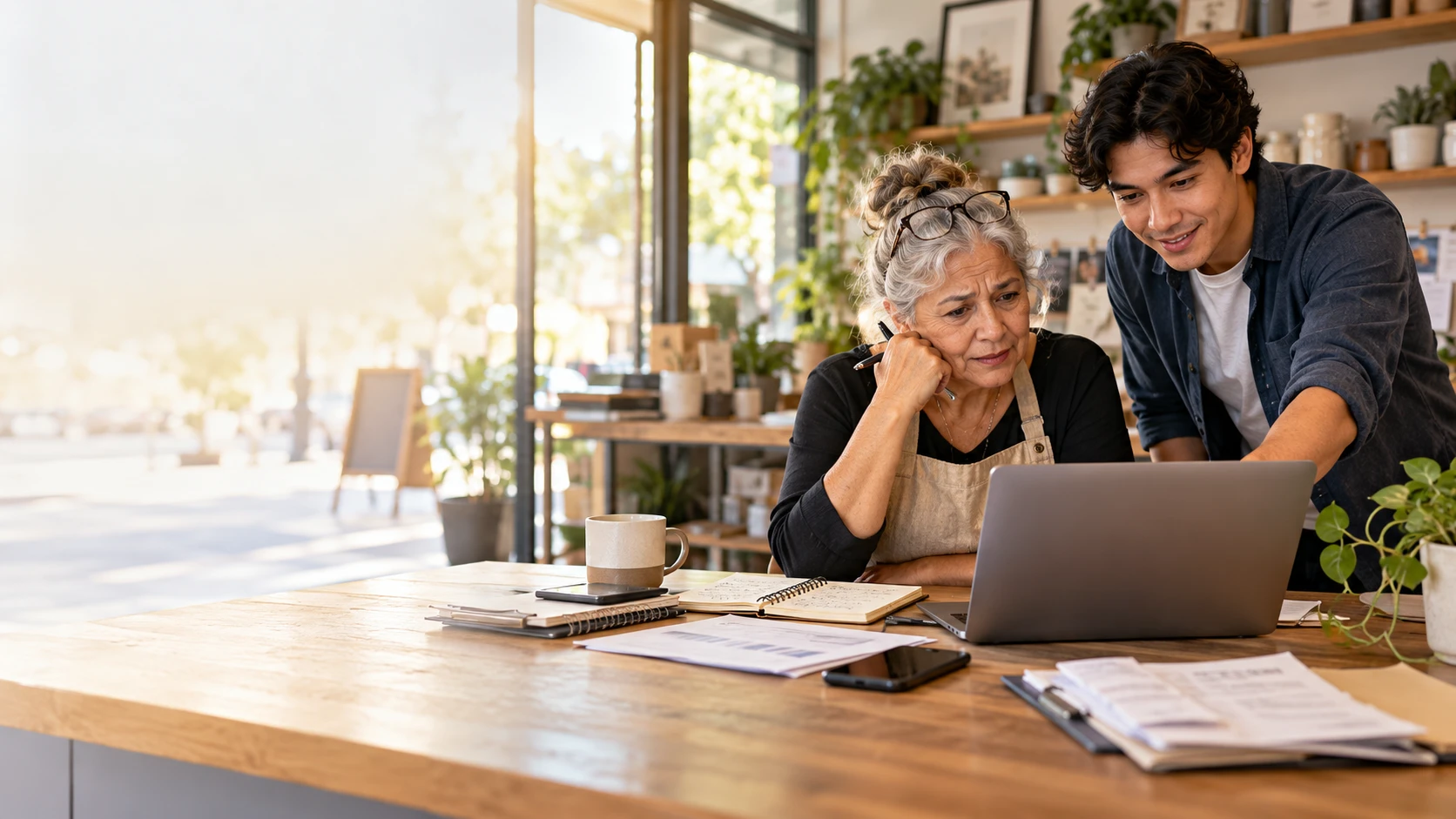 A business owner and a younger colleague reviewing the business together at a laptop